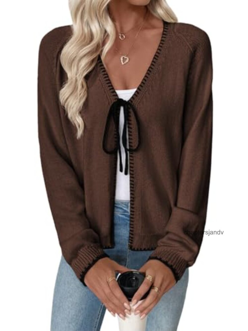 Lightweight Knit Cardigan Sweater Open Front Loose Fit Bow Tie Long Sleeve